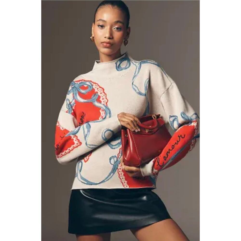 NWT Maeve Carys Mock-Neck Hearts & Bows Sweater. Size L. Retails $98